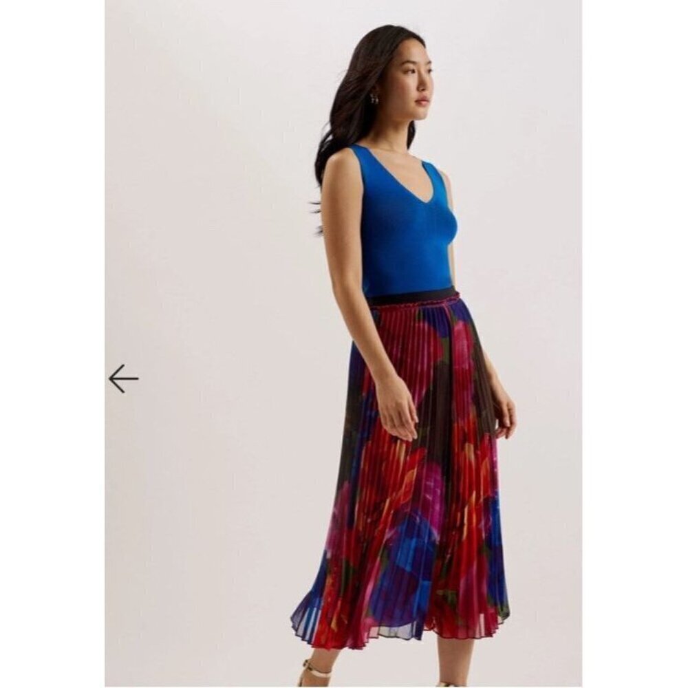 NEW Ted Baker Evola Print Pleated Midi Skirt in Black Multi Size 6/12-14